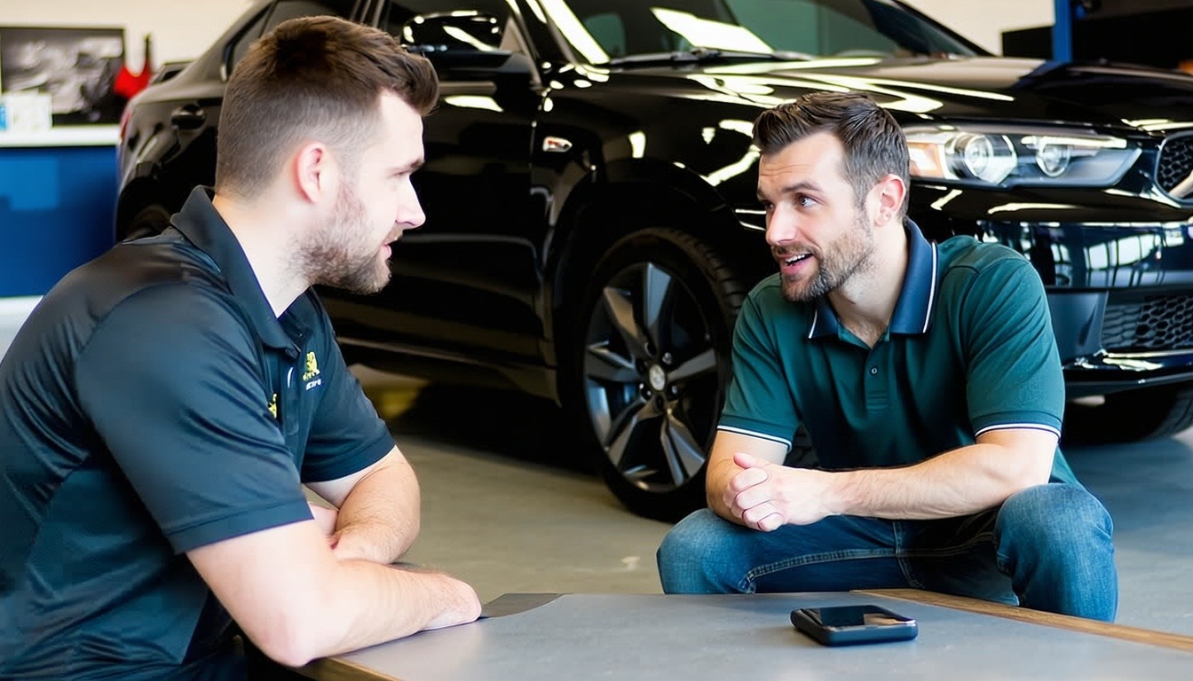 Show a shop manager having a tough conversation with a mechanic while sitting down in an auto repair shop office while wearing auto shop polo shirts